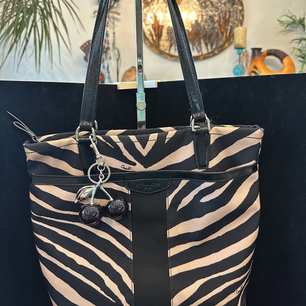 Coach Black & Cream Zebra Print Tote with Cherry Charm